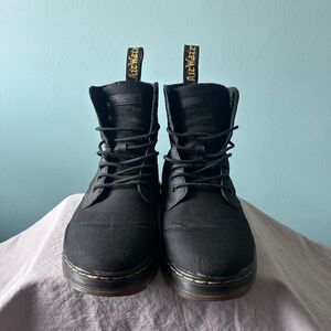 Dr. Martens Black Canvas Lace-Up Combat Boots with Yellow Stitching